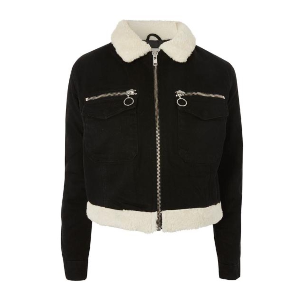 [SOLD] TOPSHOP black denim moto jacket with faux fur collar